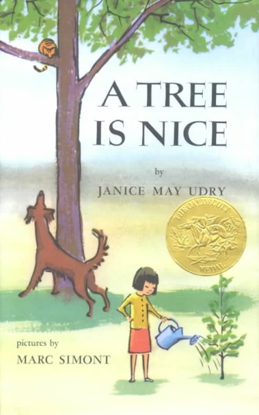 Book cover for A Tree Is Nice, showing a child watering a small tree, and a larger nearby tree with a cat on a branch.