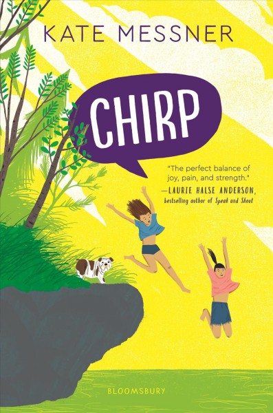 Book cover for Chirp, showing two people jumping off a cliff into a body of water while a dog remains on the cliff.