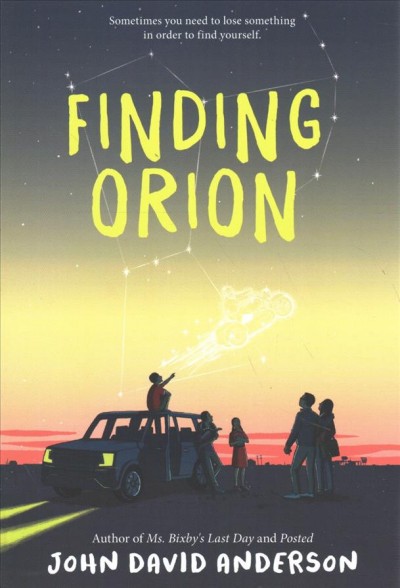 Book cover for Finding Orion, showing a group of people sitting outside, looking up at the outline of a constellation.