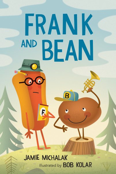Book cover for Frank And Bean, showing a hot dog character and a bean character standing outside looking at one another.