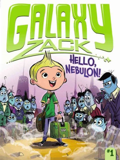 Book cover for Hello, Nebulon! showing a child holding a suitcase and bag, while several blue creatures watch the child.