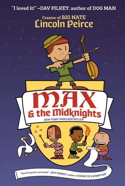 Book cover for Max & The Midknights, showing a child dressed like Robin Hood using a lute as a bow to shoot an arrow.