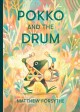 Book cover for Pokko And The Drum, showing a green frog wearing a drum and holding a drum mallet in each hand.