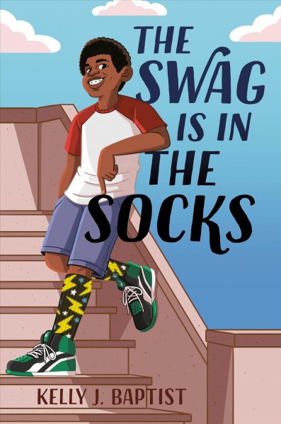 Book cover for The Swag Is In The Socks, showing a young person standing on a staircase and wearing decorative socks.