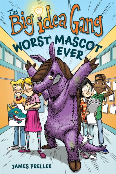 Book cover for Worst Mascot Ever, showing four kids standing next to someone wearing purple and brown creature costume.