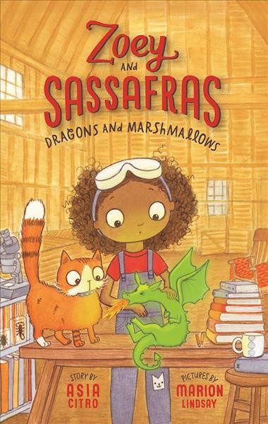Book cover for Zoey and Sassafras, showing a child wearing goggles on their head, with a cat, dragon, and books nearby.