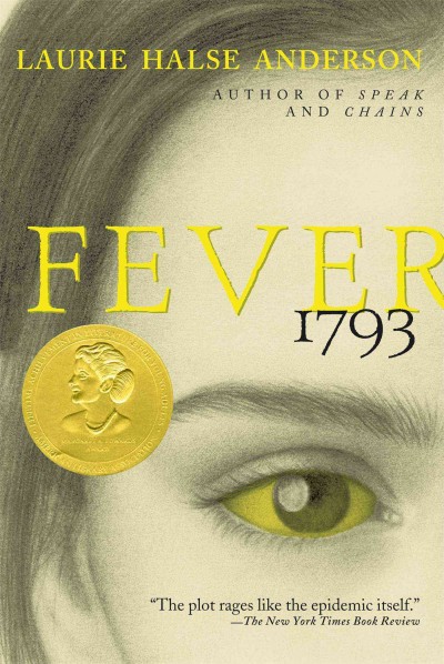 Fever book jacket drawing of partial woman's face with yellow iris