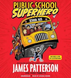 book jacket of public-school-superhero depicts superhero holding up a school bus