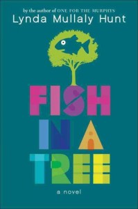book jacket for Fish in a Tree a novel - colored graphic with a tree with a fish in it