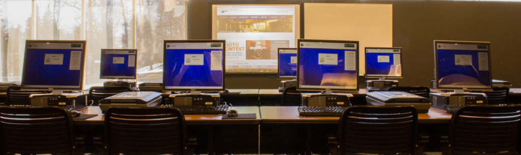 Computer lab with two rows of computers