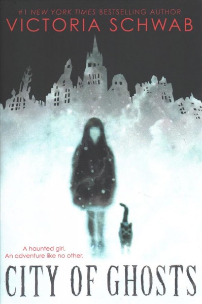 White skyline against black sky with girl wearing jeans and black hoodie with cat in front of it.