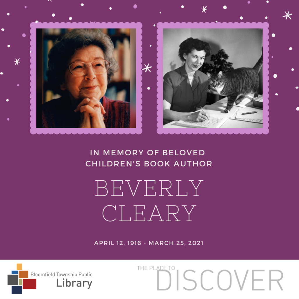 In Memory of Beverly Cleary post with 2 images of the author, one with her cat