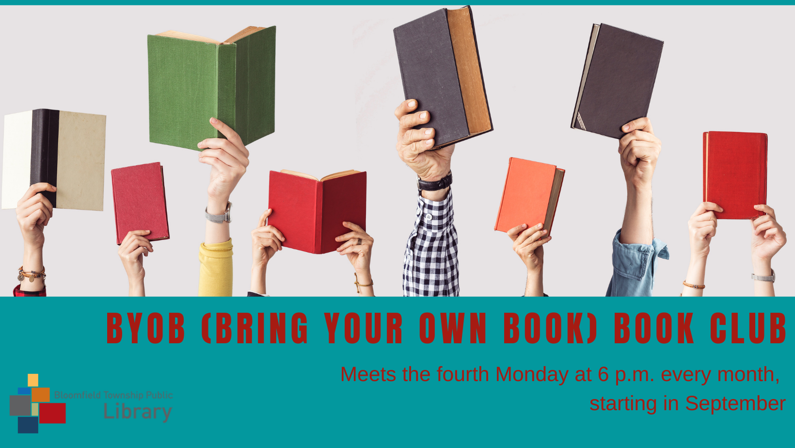 Several arms holding up brightly covered book.