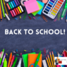 Poster featuring school supplies like pencils, scissors, crayons, and paper.