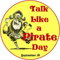 Talk Like a Pirate Day; man with beard, pirate hat, hook hand, and peg leg