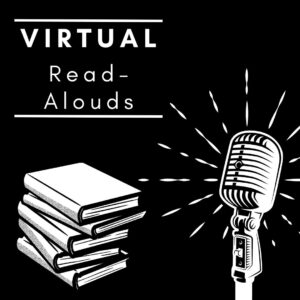 Virtual Read-Alouds. Stack of books next to retro-style microphone.