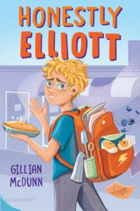 Blonde boy with glasses wearing a backpack and holding a pie