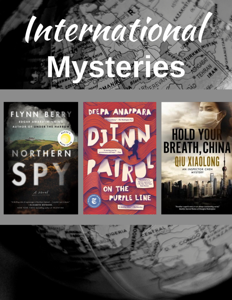 Three book covers are featured atop a black and white photo of a globe with the words "International Mysteries" featured on the graphic.