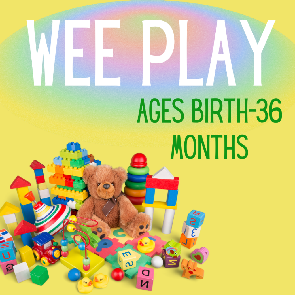 Wee Play. Ages Birth to 36 months. Pile of kids' toys including blocks and a teddy bear.