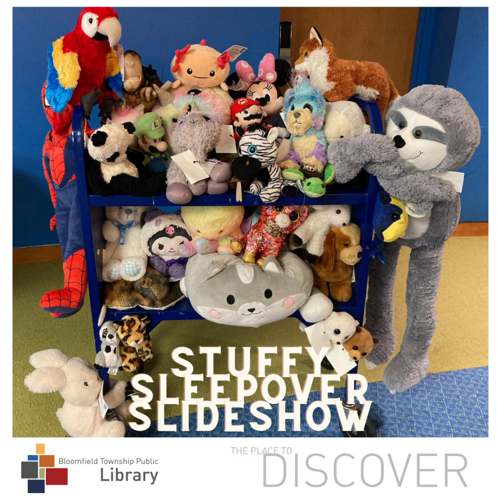 A pile of stuffed animal friends on top of and hanging from edges of book cart