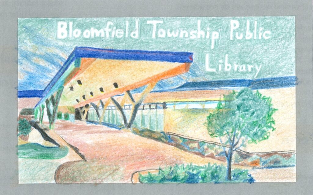 Colored pencil drawing of Library portico entrance with tree in the front and heading Bloomfield Township Public Library over the top