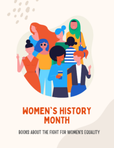 Illustrated image in block colors of 8 women with text "Women's History Month"
