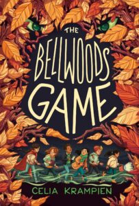 Book cover for The Bellwoods Game. Six sixth-graders walking in the dark surrounded by leaves.