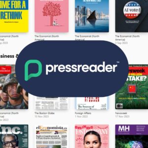 Pressreader logo with magazines in the background.