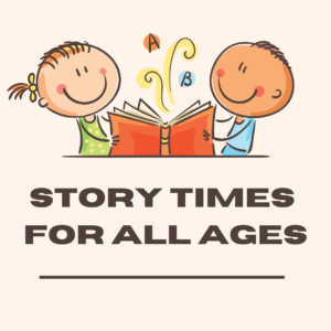 Two kids holding opening a book with the text Story Times For All Ages