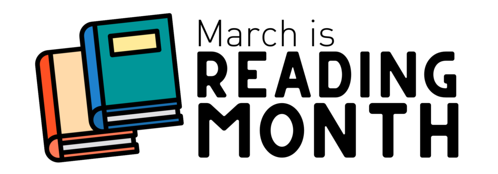 march is reading month with drawing of two books