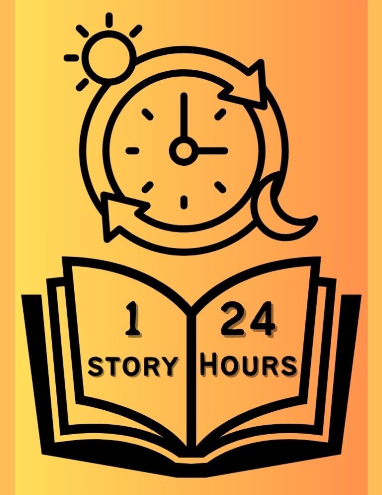 One story, twenty-four hours. Image of a clock face above an open book.