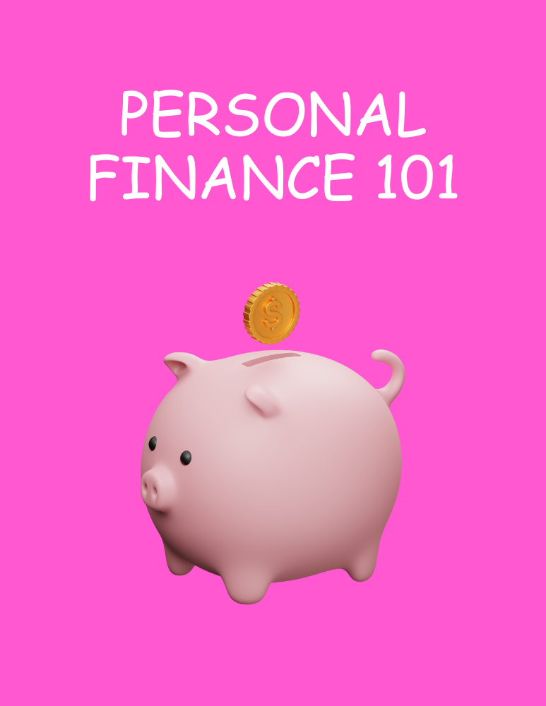Personal Finance 101 on a pink background with illustration of a pale pink piggy bank.