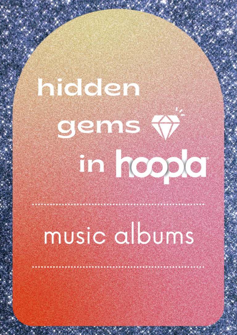 Hidden gem in hoopla music albums. Purple glitter background with orange to light red gradient over it.