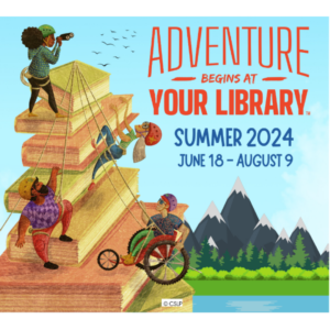 Adventure Begins At Your Library Summer 2024 Illustration books and readers exploring