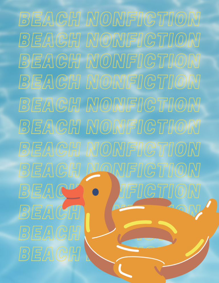 The text "beach nonfiction" repeated over an image of water.
