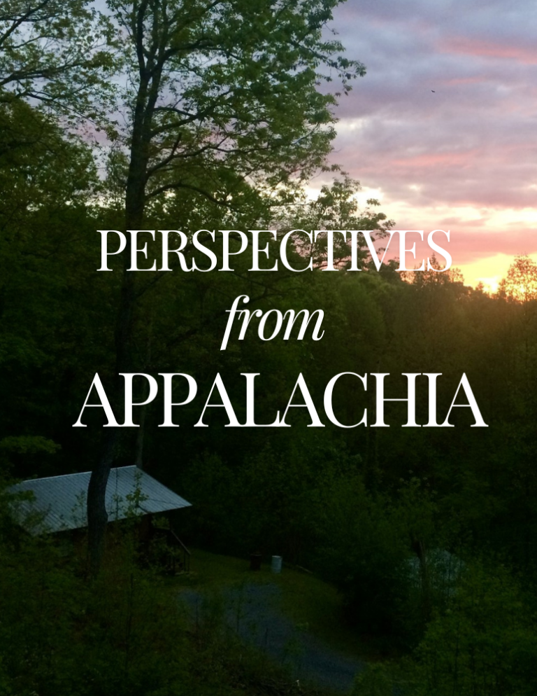 Perspectives from Appalachia over photo of house on side of hill at sunset.