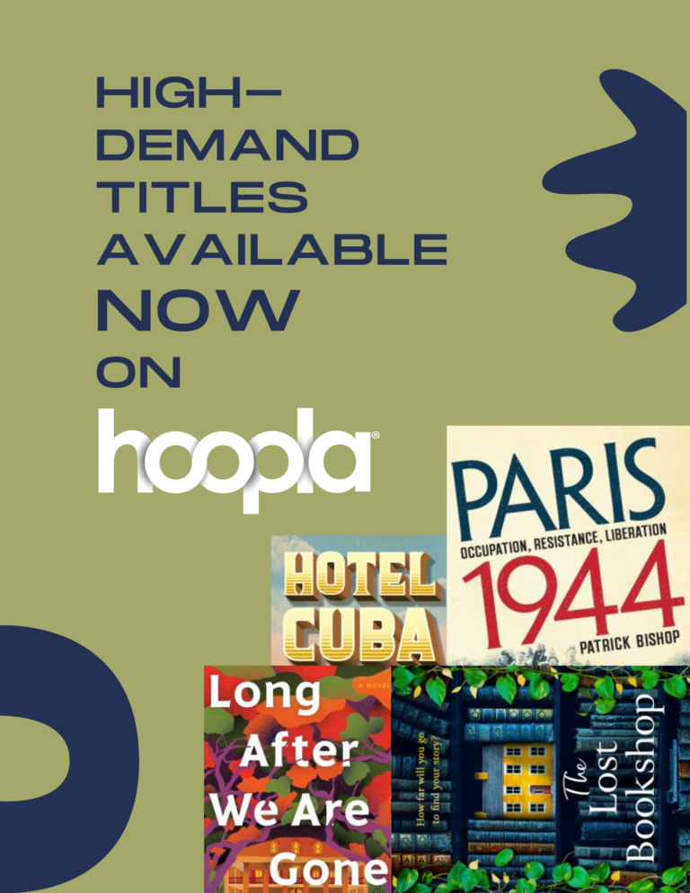 Graphic showing front covers of 4 titles available now on hoopla including Paris 1944 and Hotel Cuba