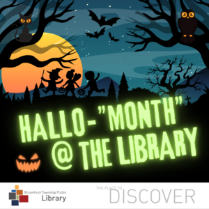 Graphic for Hallo-Month at the library showing a nighttime sky, owls with eyes glowing, and a jack-o-lantern