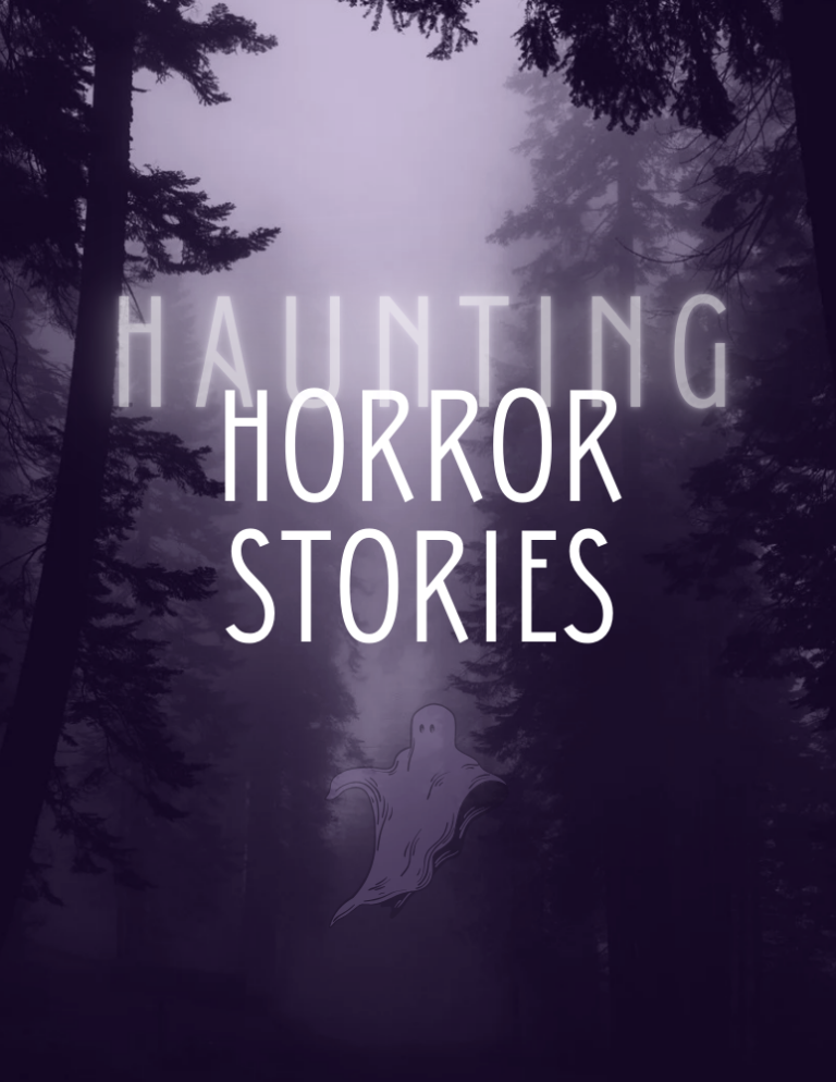 Haunting Horror Stories text over image of dark woods.