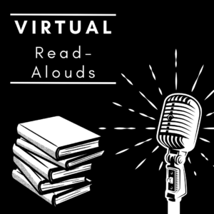 black and white graphic of a microphone and stack of books