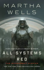 The grey-toned cover of All Systems red featuring an armor-clad robot with rows of trees in the background