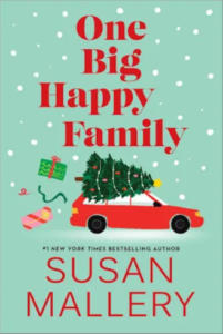 Light green cover of One Big Happy Family showing an illustration of a red station wagon with a decorated Christmas tree on the roof rack, wrapped presents flying off the back