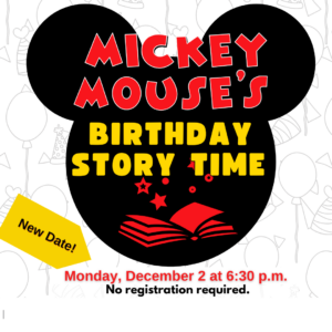 Outline of mickey mouse face and ears behind MIckey Mouse's Birthday Story Time heading and open book