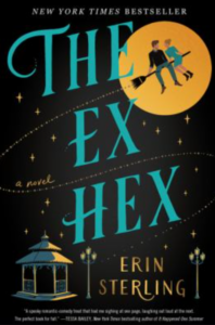 Front cover of The Ex Hex showing a nighttime sky and a couple on a broomstick in front of a full moon