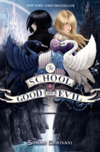 The cover of Soman Chainani's The School for Good and Evil, which features two girls back to back - one with black hair and a black cat and the other with blonde hair and a white swan - over cliffs with water running between them.