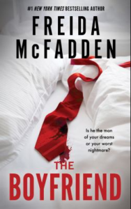 Front cover of The Boyfriend showing a red necktie and a spot of blood on white bed linens