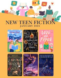 New teen fiction books with 6 various teen book covers and graphic of teens reading and celebrating