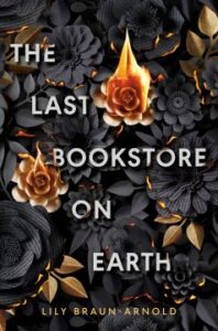 book jacket with black and gold flowers on fire