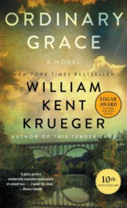 Front cover of Ordinary Grace showing a bridge over a calm body of water, with leafy trees on each side