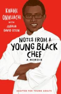 Front cover of Notes from a Young Black Chef showing a painting of author Kwame Onwuachi, wearing eyeglasses and chef's whites, his arms are folded against his chest. The background is bright red.